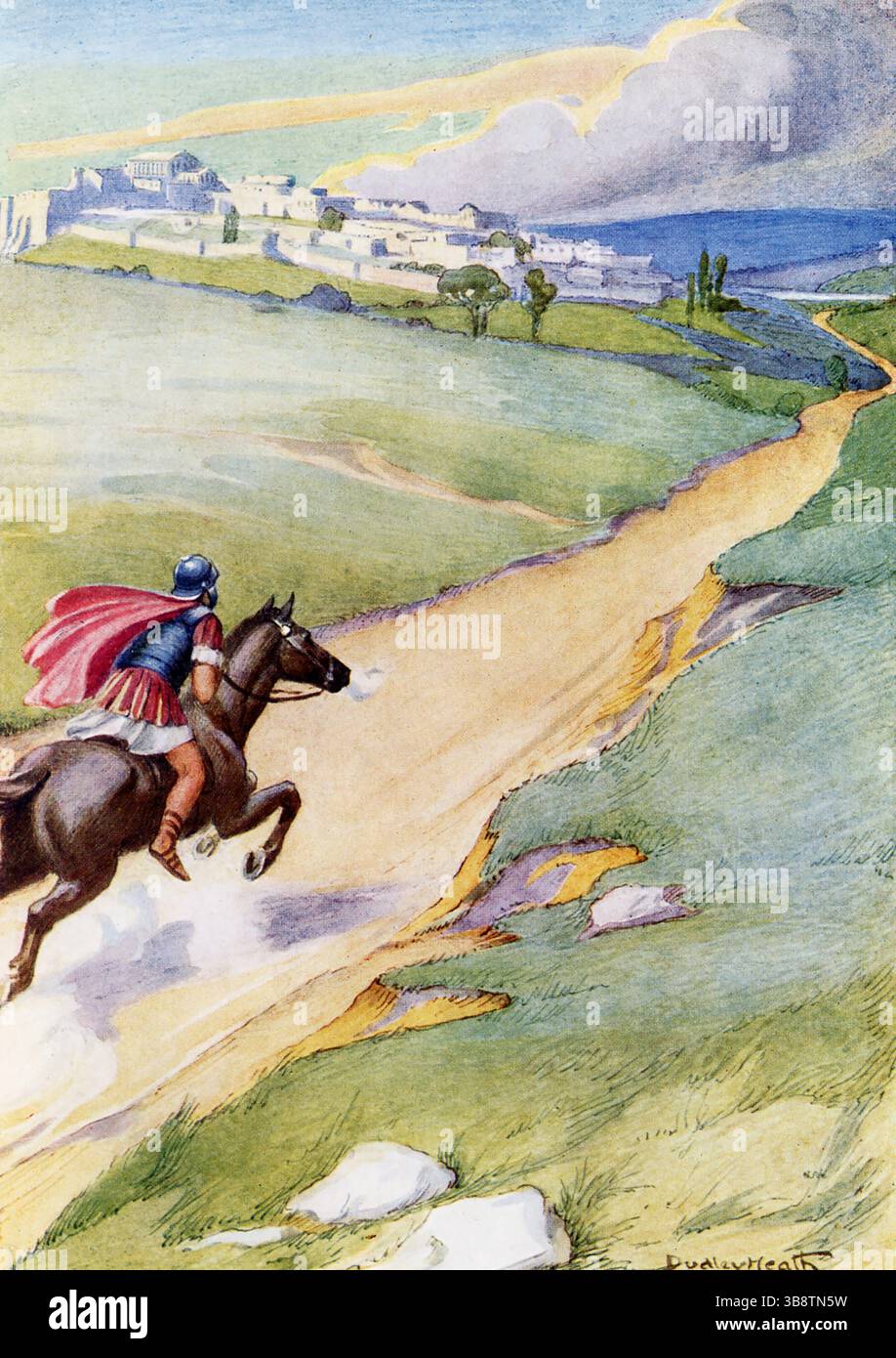 This early 1900s image shows a Roman messenger galloping toward Rome during the time of the Punic Wars around 200 BC. The Punic Wars were a series of three conflicts (264-146 BC) between the Roman Republic and the Carthaginian Empire, resulting in Roman dominance over the western Mediterranean and the eventual destruction of Carthage Stock Photo
