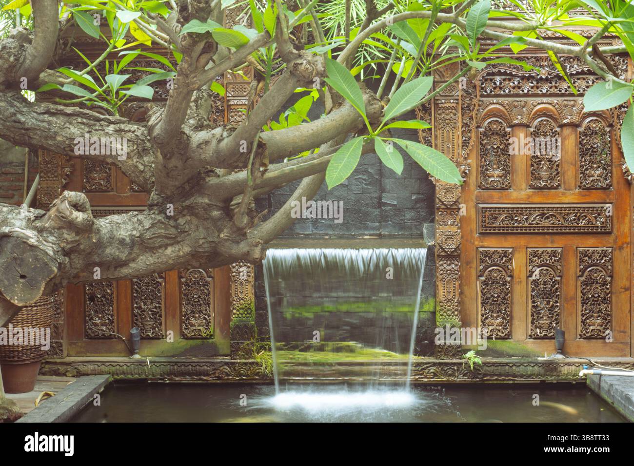 Handmade Waterfall on The Fish Pond behind the Tree Stock Photo