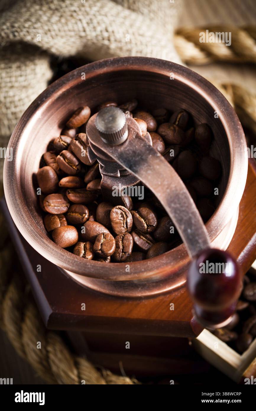 Coffee in grinder and rope still lfe Stock Photo