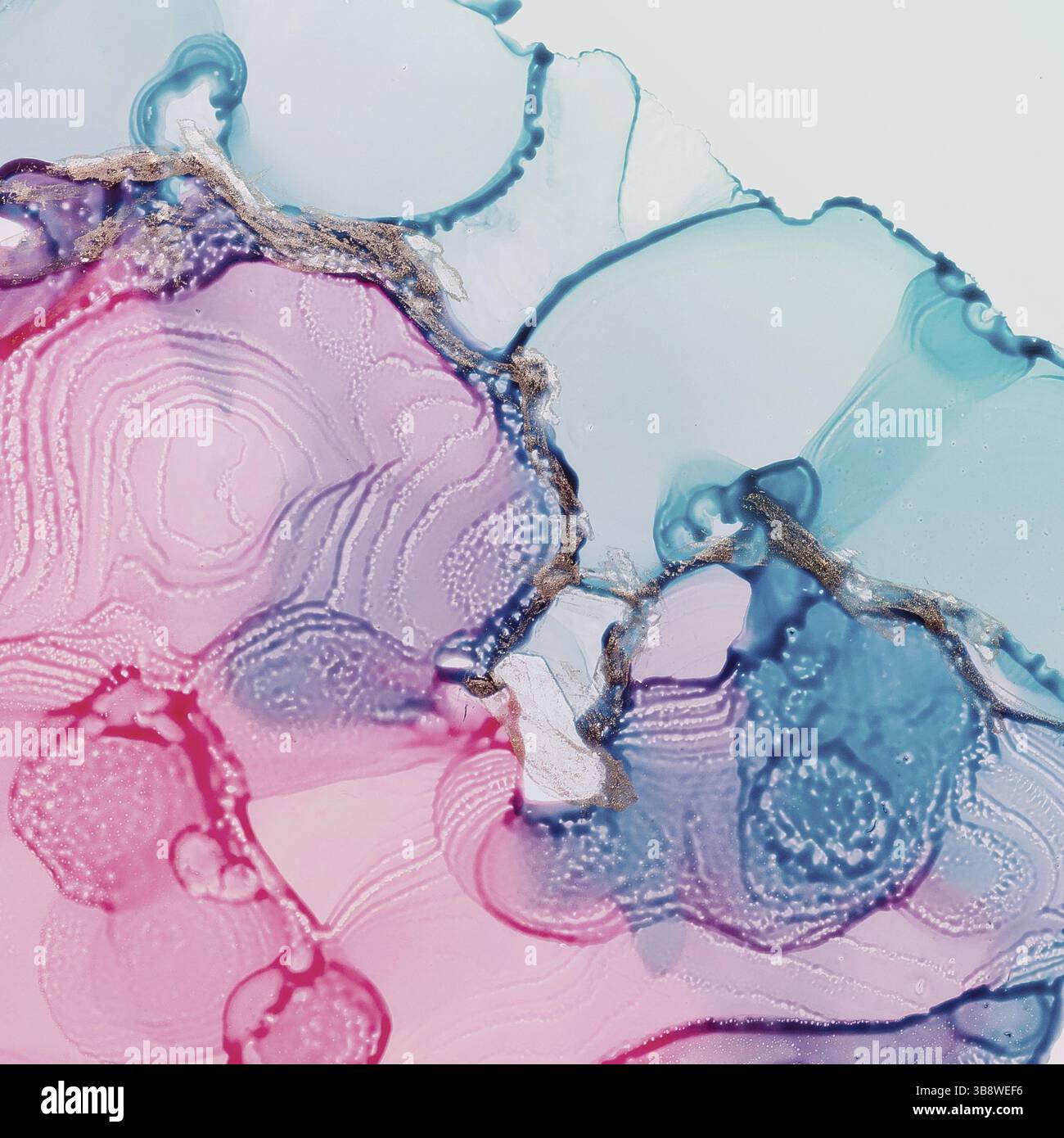 Alcohol ink fluid art. Waves in blue and pink colors with liquid golden ...