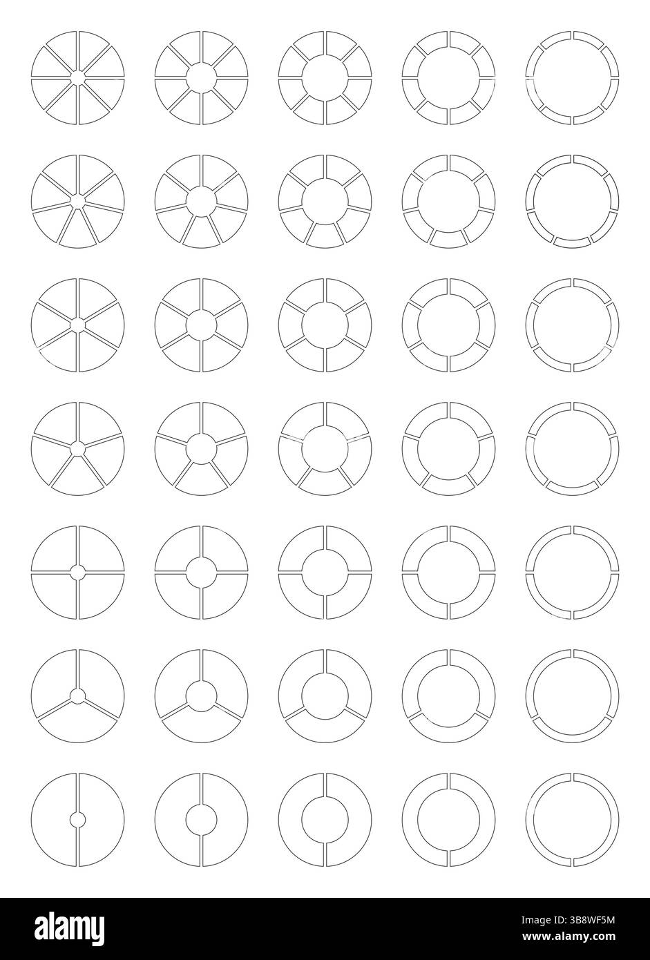 Circle division from 2 to 8 equal parts. Diagrams with segments. Coaching empty blank. Pie, pizza chart icon. Set of Infographics. Wheel round divided Stock Vector
