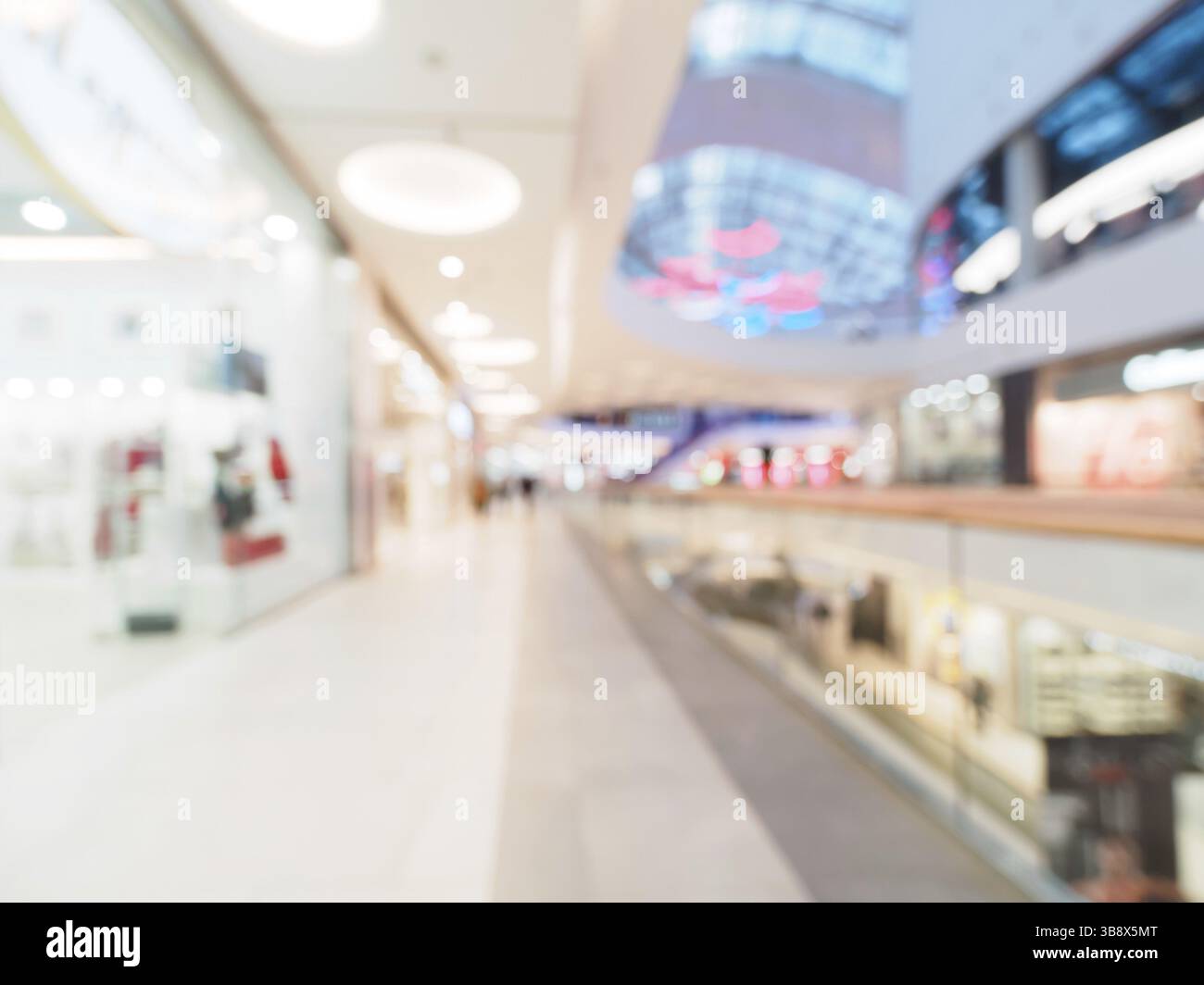 Shopping mall blur background with bokeh. Blurred hall of shopping mall with customers as background. Copy space Stock Photo
