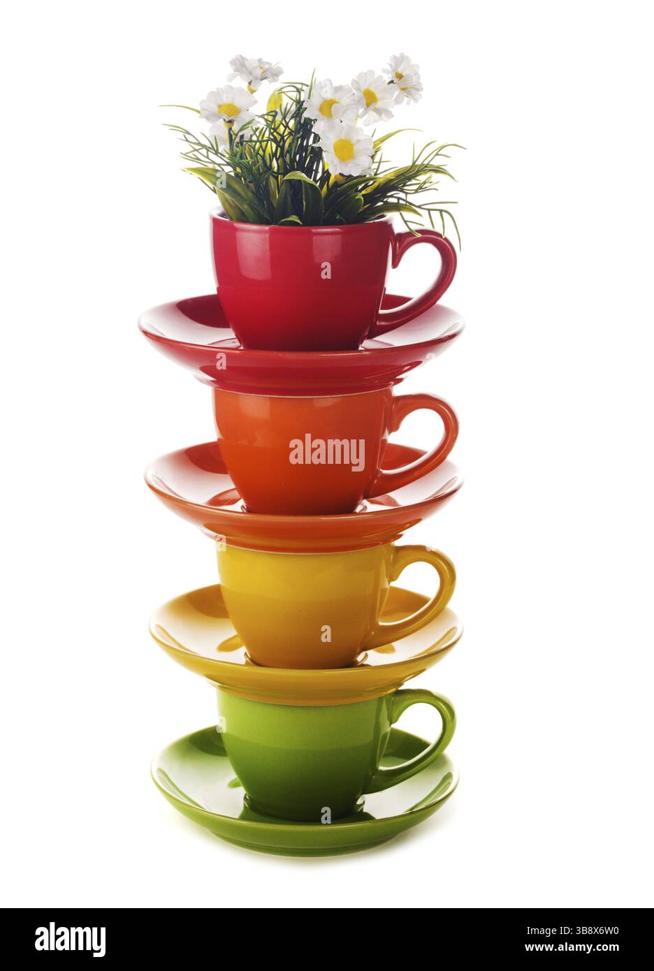 Colourful rainbow cups isolated on white Stock Photo