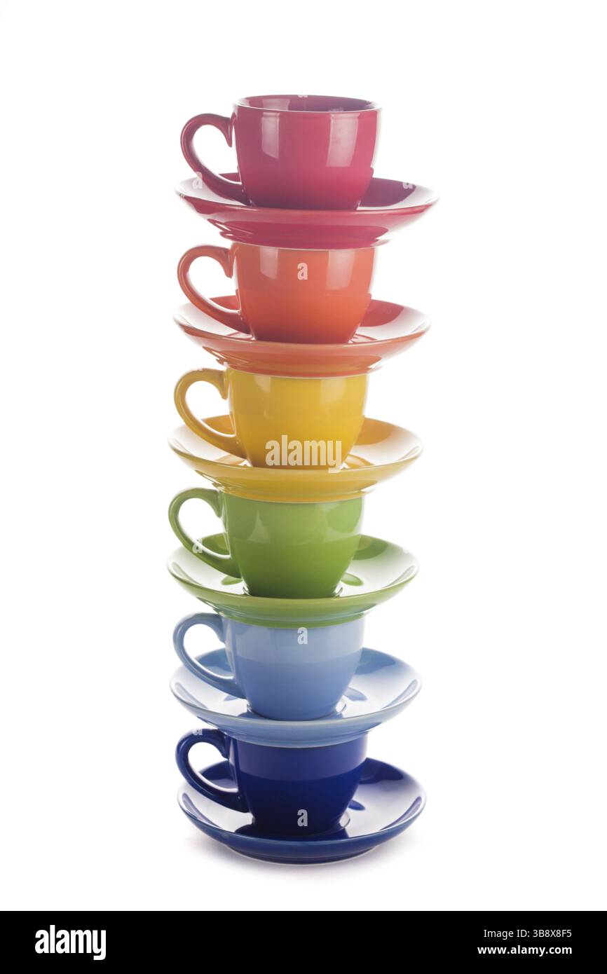 Colourful rainbow cups isolated on white Stock Photo