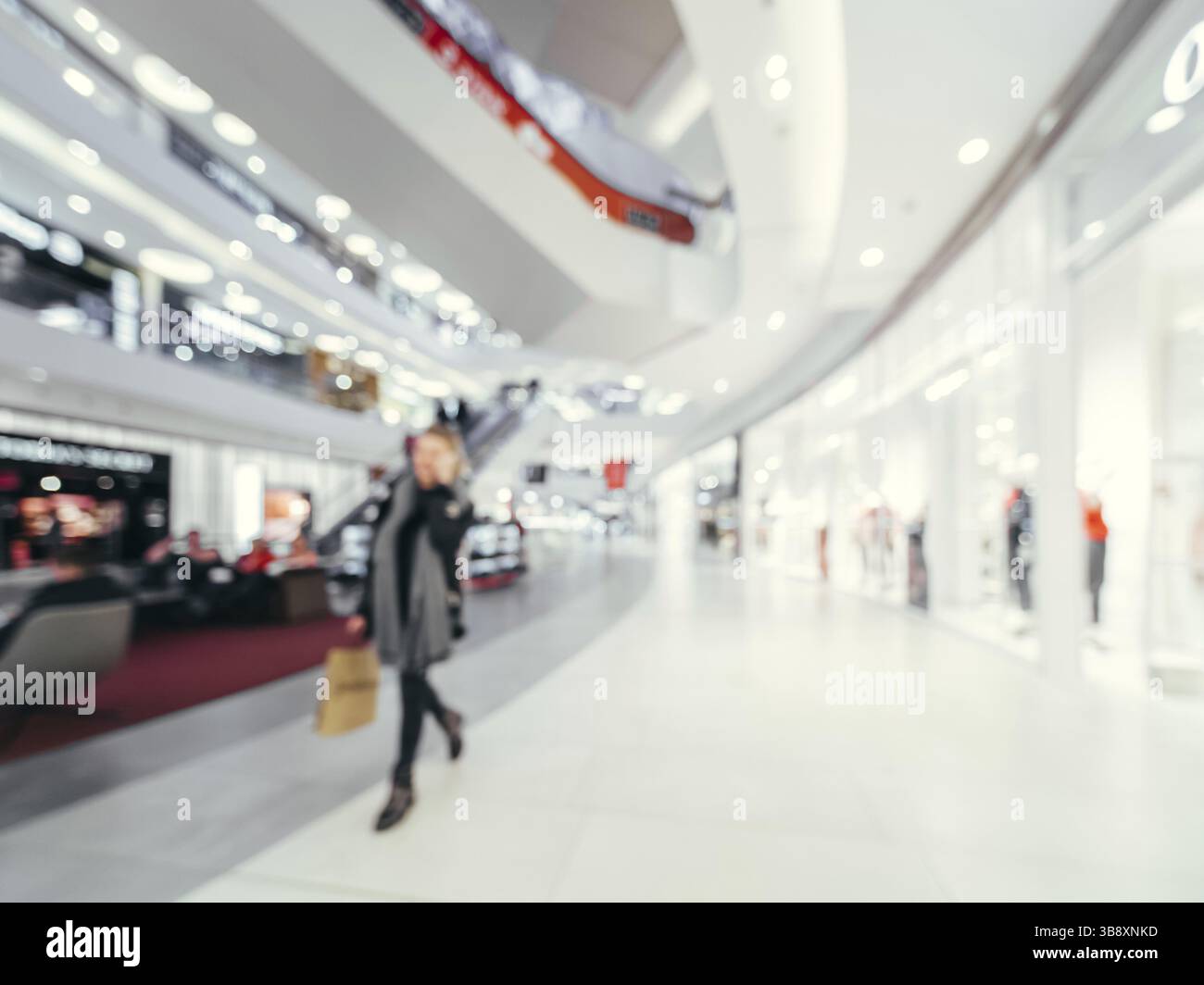 Shopping mall blur background with bokeh. Blurred hall of shopping mall with customers as background. Copy space Stock Photo