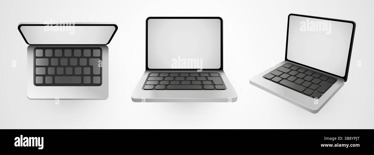Laptop mockup. Realistic laptop in different positions isolated on white background. Vector illustration Stock Vector