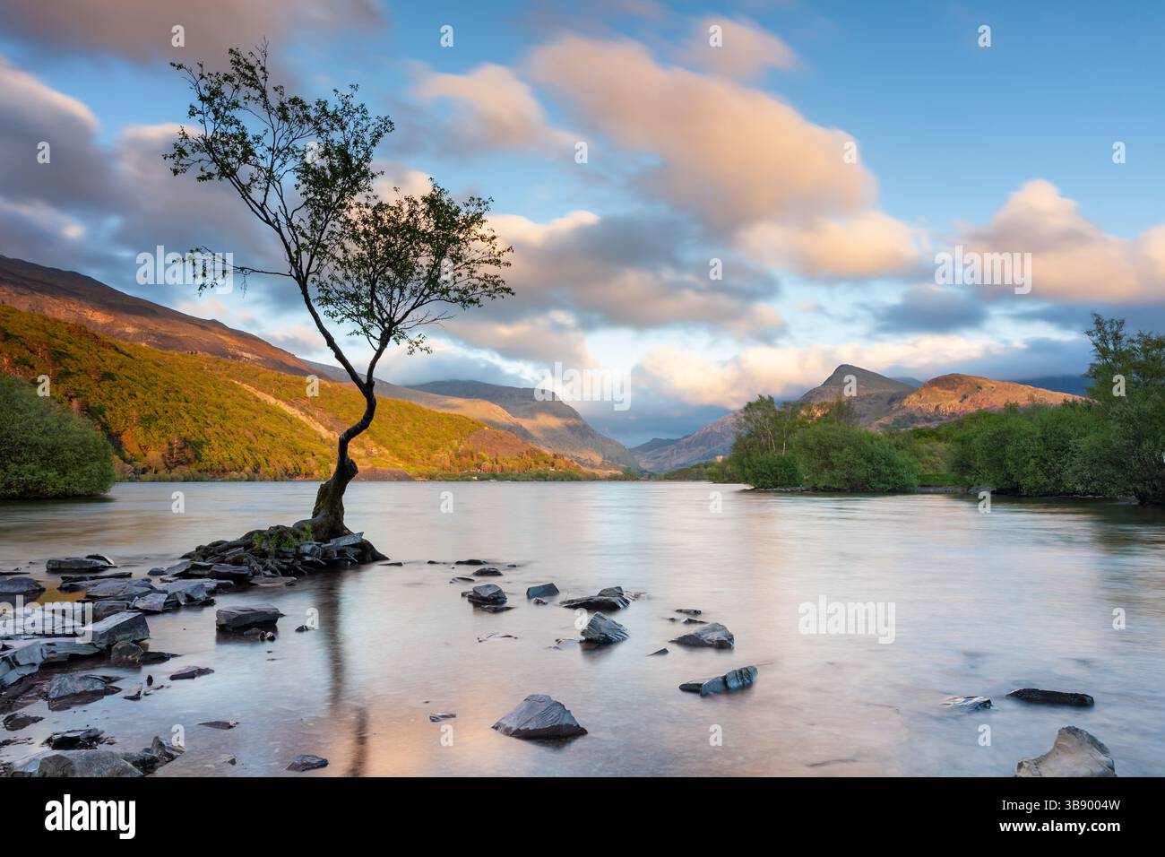 Sunset on Llyn Padarn in Snowdonia National Park, North Wales. Stock Photo