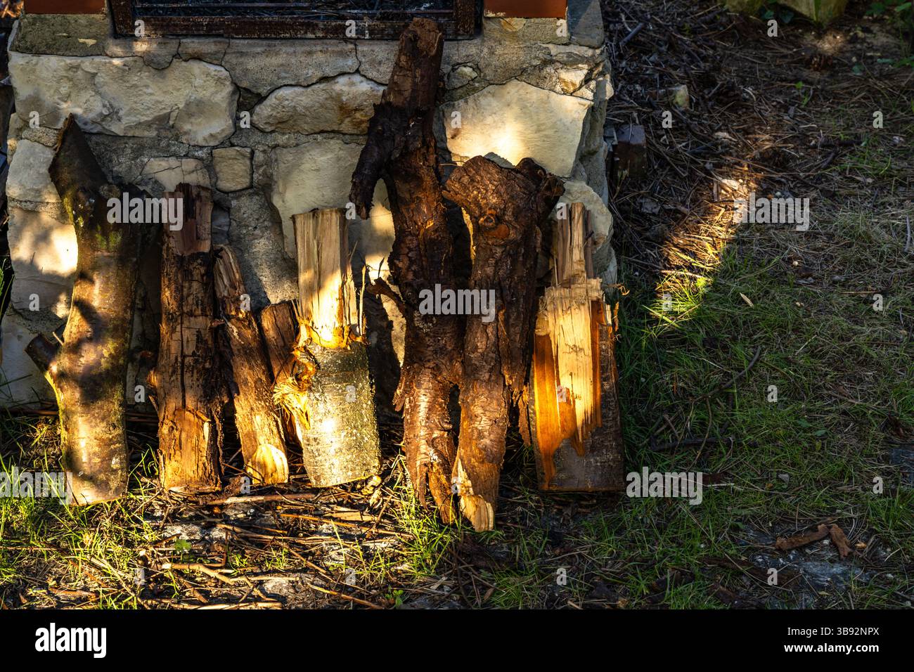 Chopped wood with an axe at a stone grill, stone oven in the garden, firewood Stock Photo