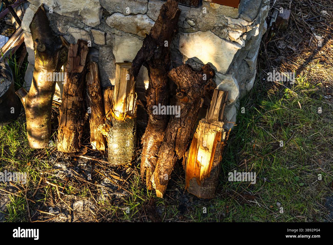 Chopped wood with an axe at a stone grill, stone oven in the garden, firewood Stock Photo