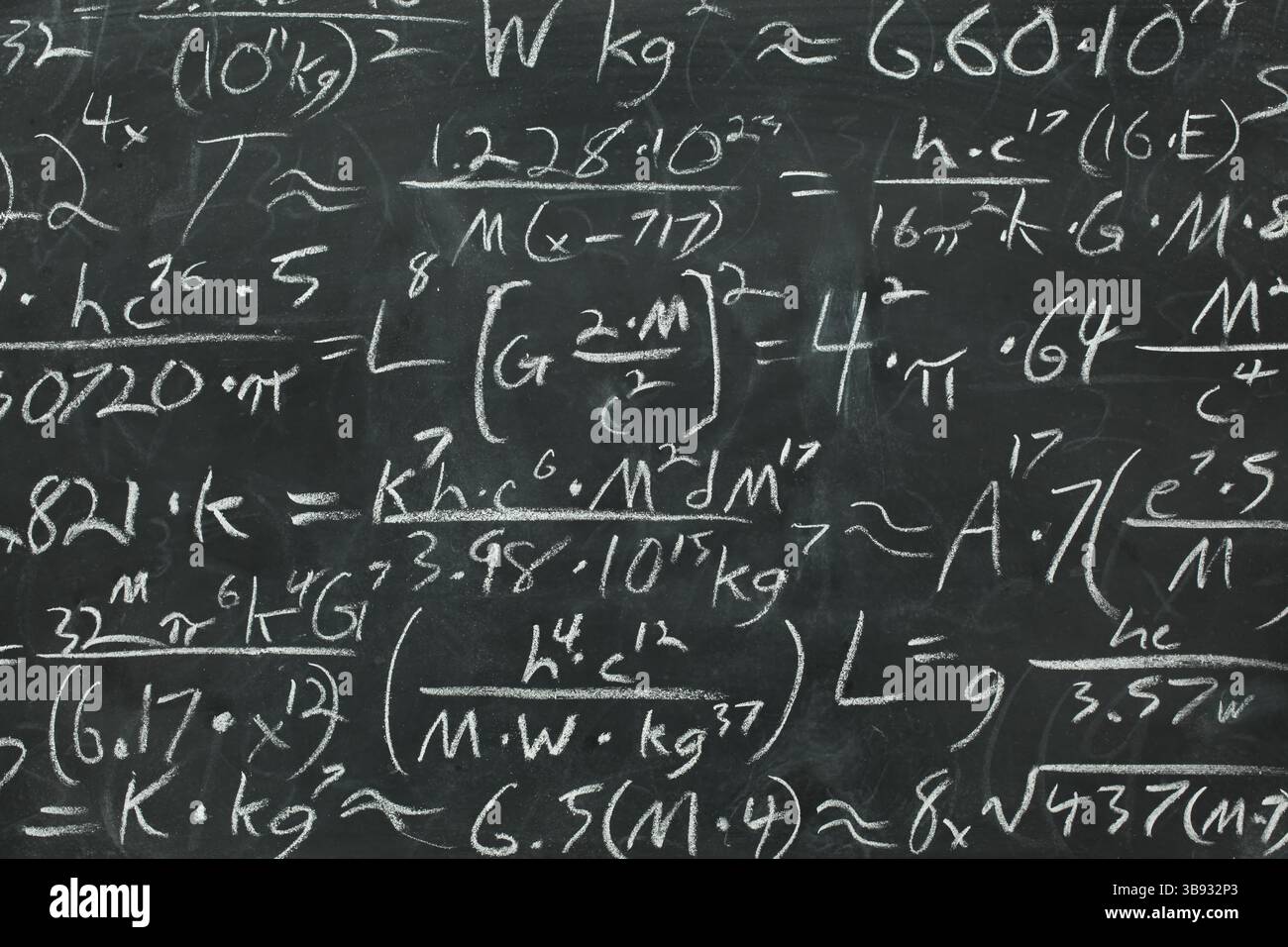 Math equations and formula written in chalk on messy chalkboard or blackboard background. School or scientific research concept. Stock Photo