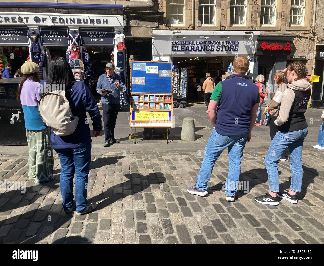 Preacher Man for the Open-Air Mission spreading the word about Jesus Christ, Royal Mile, Edinburgh Scotland - Smartphone Captured Stock Image