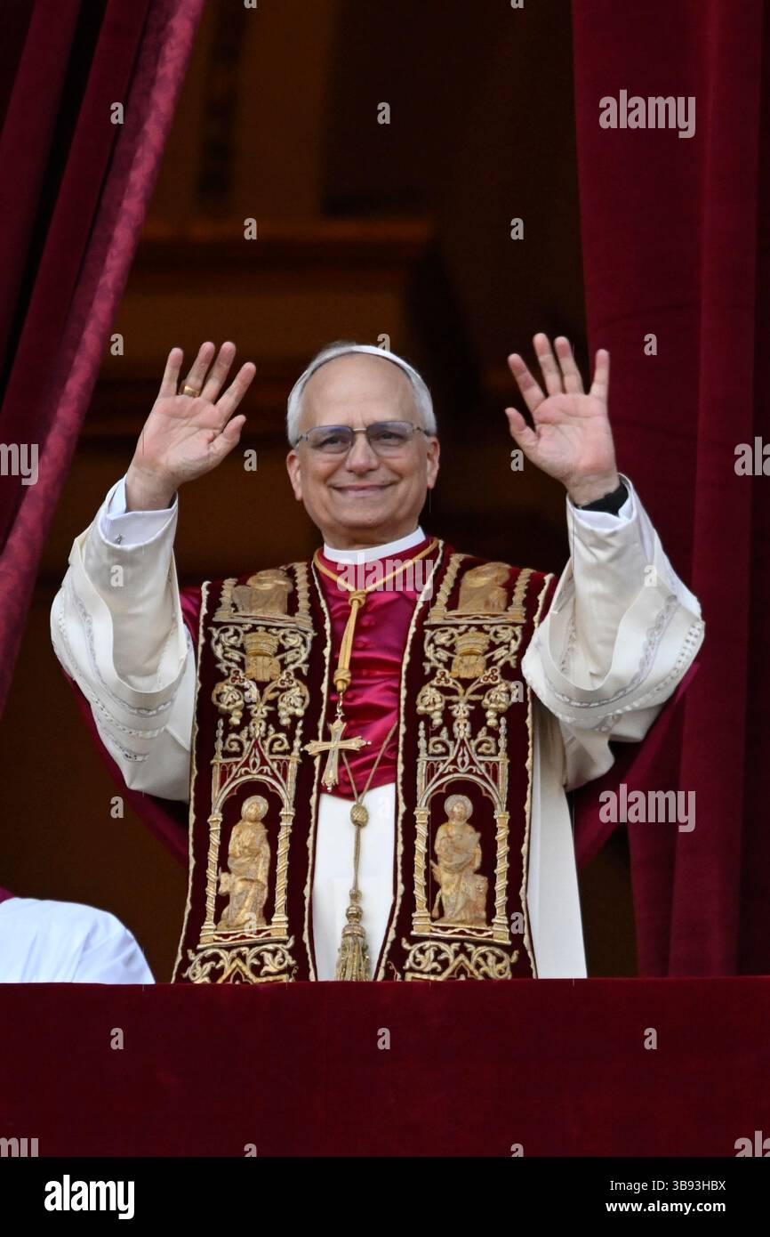 Italy. 08th May, 2025. Newly elected Pope Leo XIV waves from the Vatican balcony in Vatican City, Vatican on Thursday, May 8, 2025. After two days, the Conclave of Cardinals elected Cardinal Robert Francis Provost, who will be known as Pope Leo XIV, as the 267th Supreme Pontiff after the death of Pope Francis on Easter Monday. Provost will be the first American pope. Photo by Stefano Spaziani/UPI Credit: UPI/Alamy Live News Stock Photo