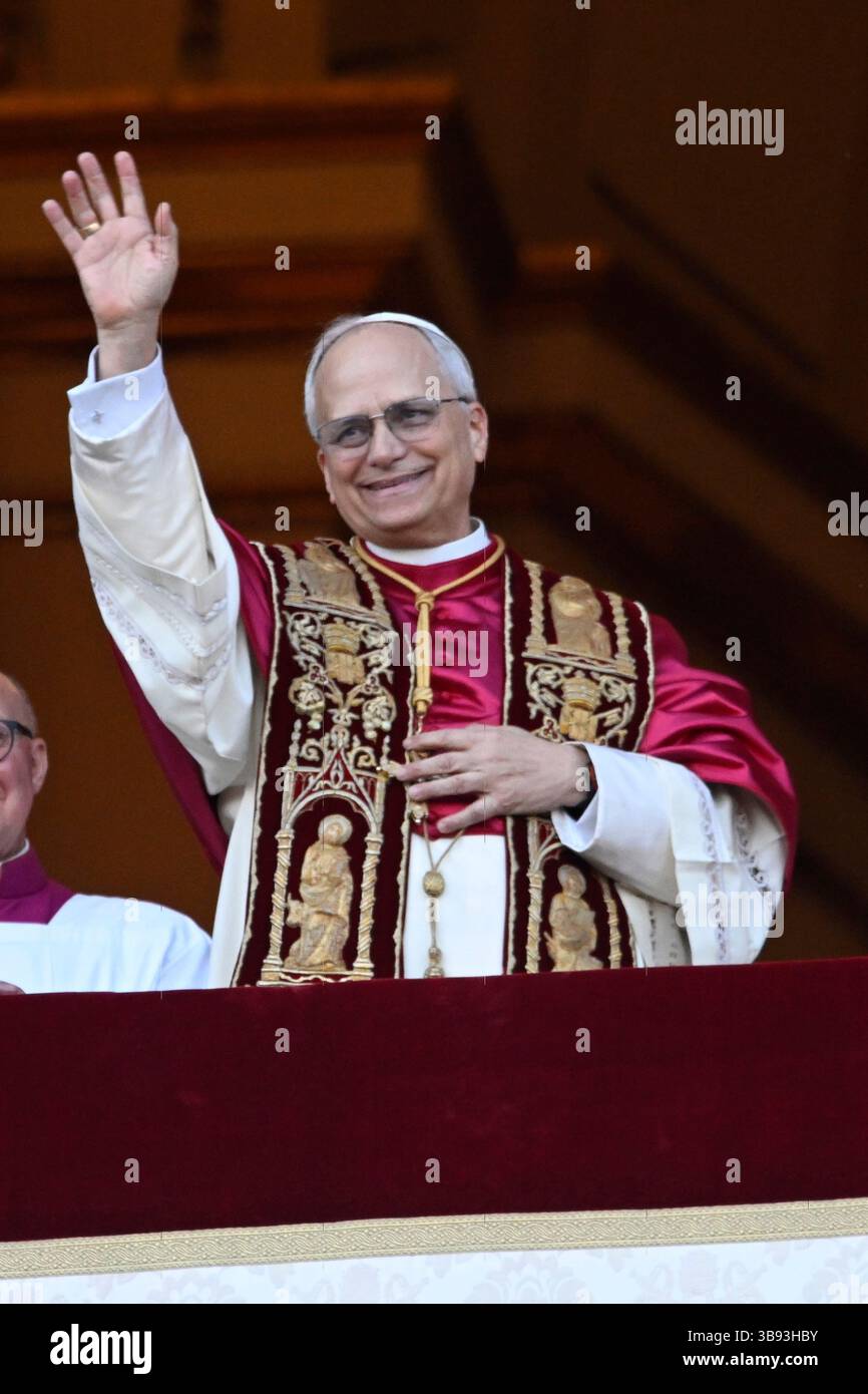 Italy. 08th May, 2025. Newly elected Pope Leo XIV waves from the Vatican balcony in Vatican City, Vatican on Thursday, May 8, 2025. After two days, the Conclave of Cardinals elected Cardinal Robert Francis Provost, who will be known as Pope Leo XIV, as the 267th Supreme Pontiff after the death of Pope Francis on Easter Monday. Provost will be the first American pope. Photo by Stefano Spaziani/UPI Credit: UPI/Alamy Live News Stock Photo