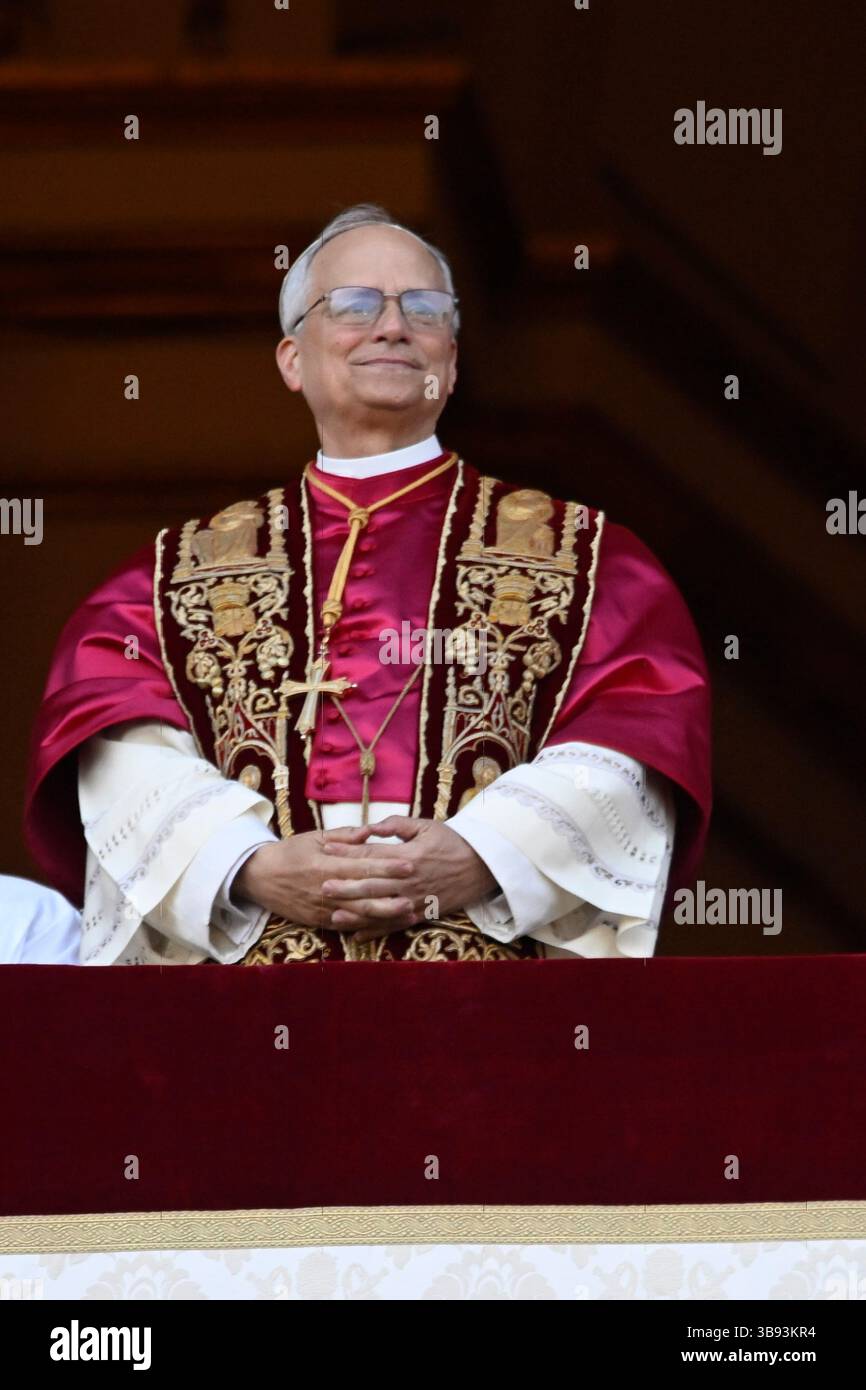 Italy. 08th May, 2025. Newly elected Pope Leo XIV looks on from the Vatican balcony in Vatican City, Vatican on Thursday, May 8, 2025. After two days, the Conclave of Cardinals elected Cardinal Robert Francis Provost, who will be known as Pope Leo XIV, as the 267th Supreme Pontiff after the death of Pope Francis on Easter Monday. Provost will be the first American pope. Photo by Stefano Spaziani/UPI Credit: UPI/Alamy Live News Stock Photo