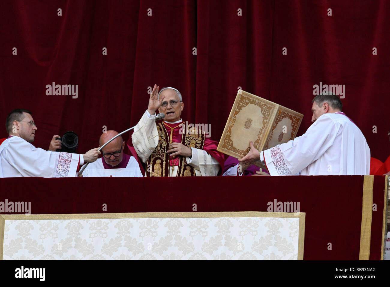 Italy. 08th May, 2025. Newly elected Pope Leo XIV speaks from the Vatican balcony in Vatican City, Vatican on Thursday, May 8, 2025. After two days, the Conclave of Cardinals elected Cardinal Robert Francis Provost, who will be known as Pope Leo XIV, as the 267th Supreme Pontiff after the death of Pope Francis on Easter Monday. Provost will be the first American pope. Photo by Stefano Spaziani/UPI Credit: UPI/Alamy Live News Stock Photo