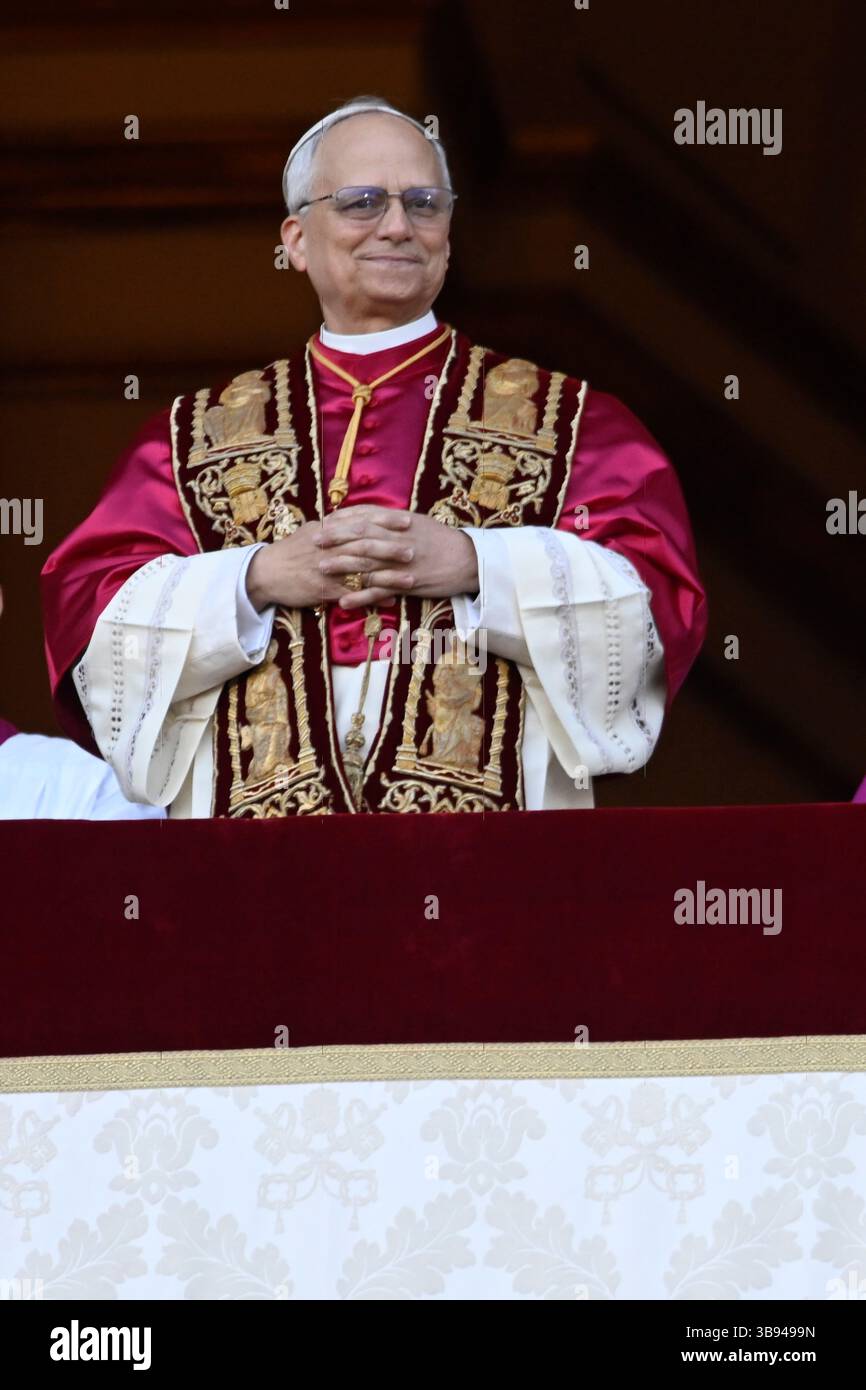 Newly elected Pope Leo XIV, Robert Prevost waves from the window of St Peter's Basilica's balcony after being elected the 267th pope of the Roman Catholic Church on May 8, 2025 at the Vatican. Stock Photo