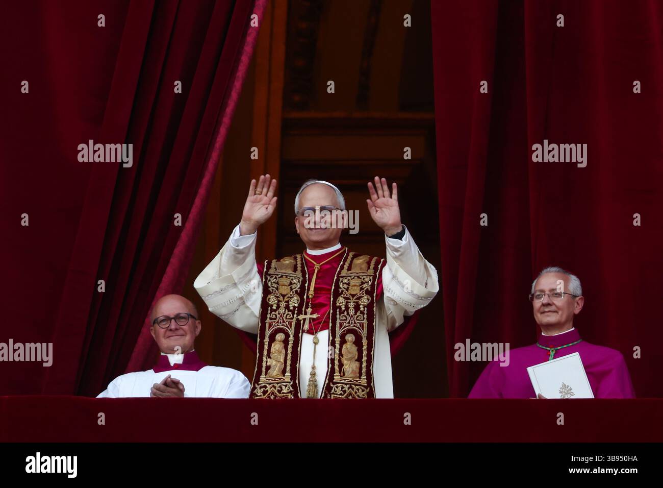 Vatican. May 8, 2025. Cardinal Robert Prevost, newly elected as Pope Leo XIV, on the balcony of the Saint Peter's Basilica. Stock Photo