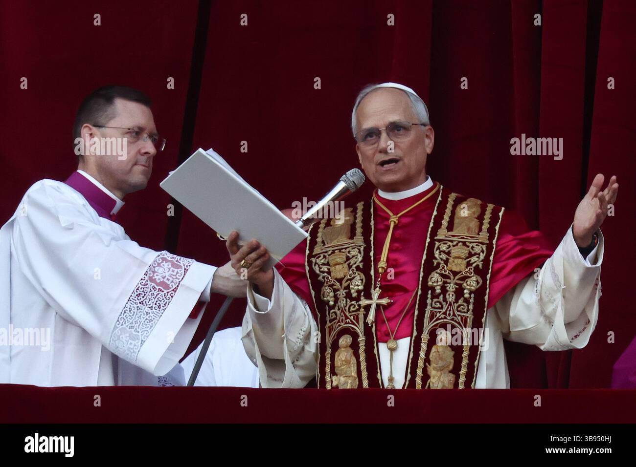 Vatican. May 8, 2025. Cardinal Robert Prevost, newly elected as Pope Leo XIV, on the balcony of the Saint Peter's Basilica. Stock Photo
