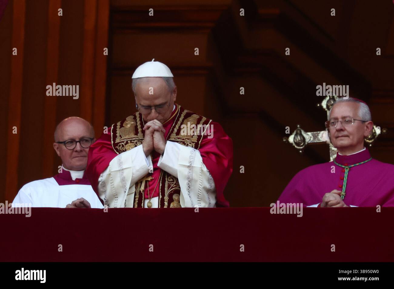 Vatican. May 8, 2025. Cardinal Robert Prevost, newly elected as Pope Leo XIV, on the balcony of the Saint Peter's Basilica. Stock Photo