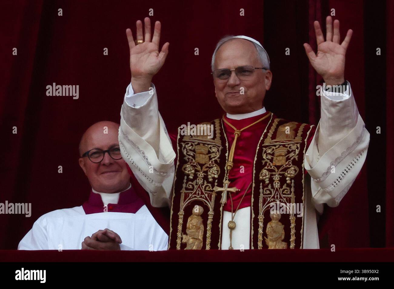 Vatican. May 8, 2025. Cardinal Robert Prevost, newly elected as Pope Leo XIV, on the balcony of the Saint Peter's Basilica. Stock Photo
