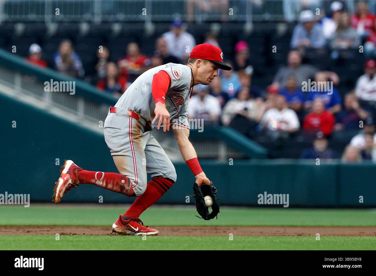 Cincinnati Reds second baseman Matt McLain fields a ground ball from ...