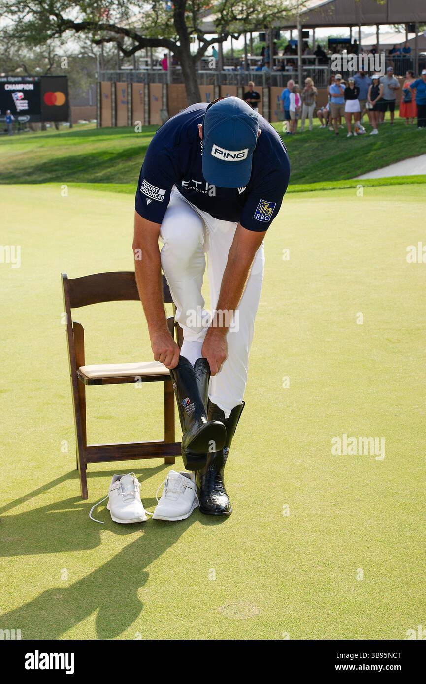 April 02, 2023: Corey Conners with the winners boots at the Valero Texas Open, TPC San Antonio Oaks Course. San Antonio, Texas. Mario Cantu/CSM (Credit Image: Stock Photo