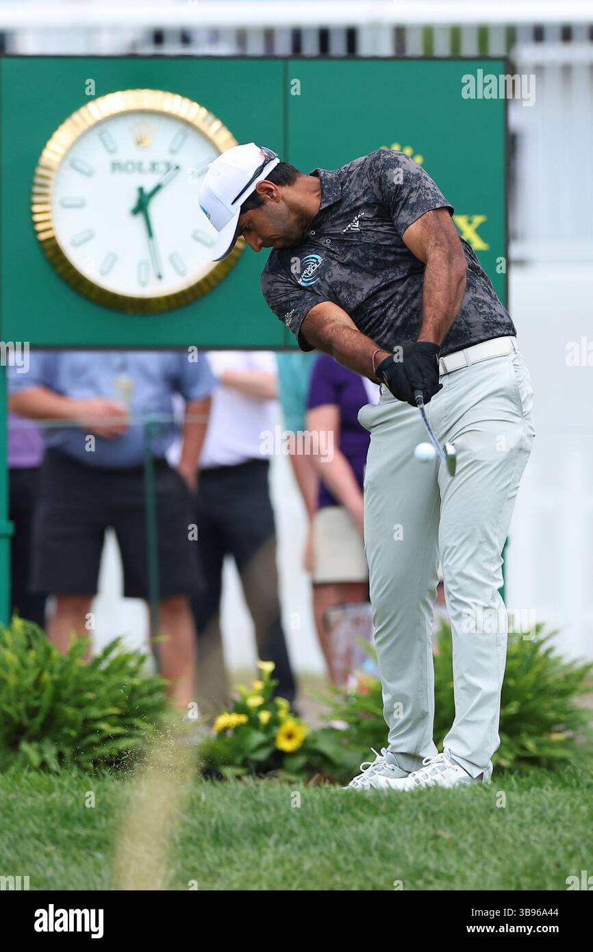 PHILADELPHIA, PA - MAY 08: Aaron Rai of England tees off at the 16th ...