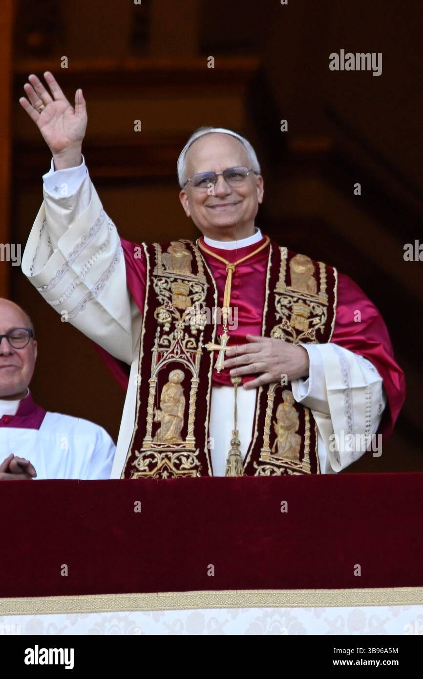 Italy. 08th May, 2025. Newly elected Pope Leo XIV waves from the Vatican balcony in Vatican City, Vatican on Thursday, May 8, 2025. After two days, the Conclave of Cardinals elected Cardinal Robert Francis Provost, who will be known as Pope Leo XIV, as the 267th Supreme Pontiff after the death of Pope Francis on Easter Monday. Provost will be the first American pope. Photo by Stefano Spaziani/UPI Credit: UPI/Alamy Live News Stock Photo