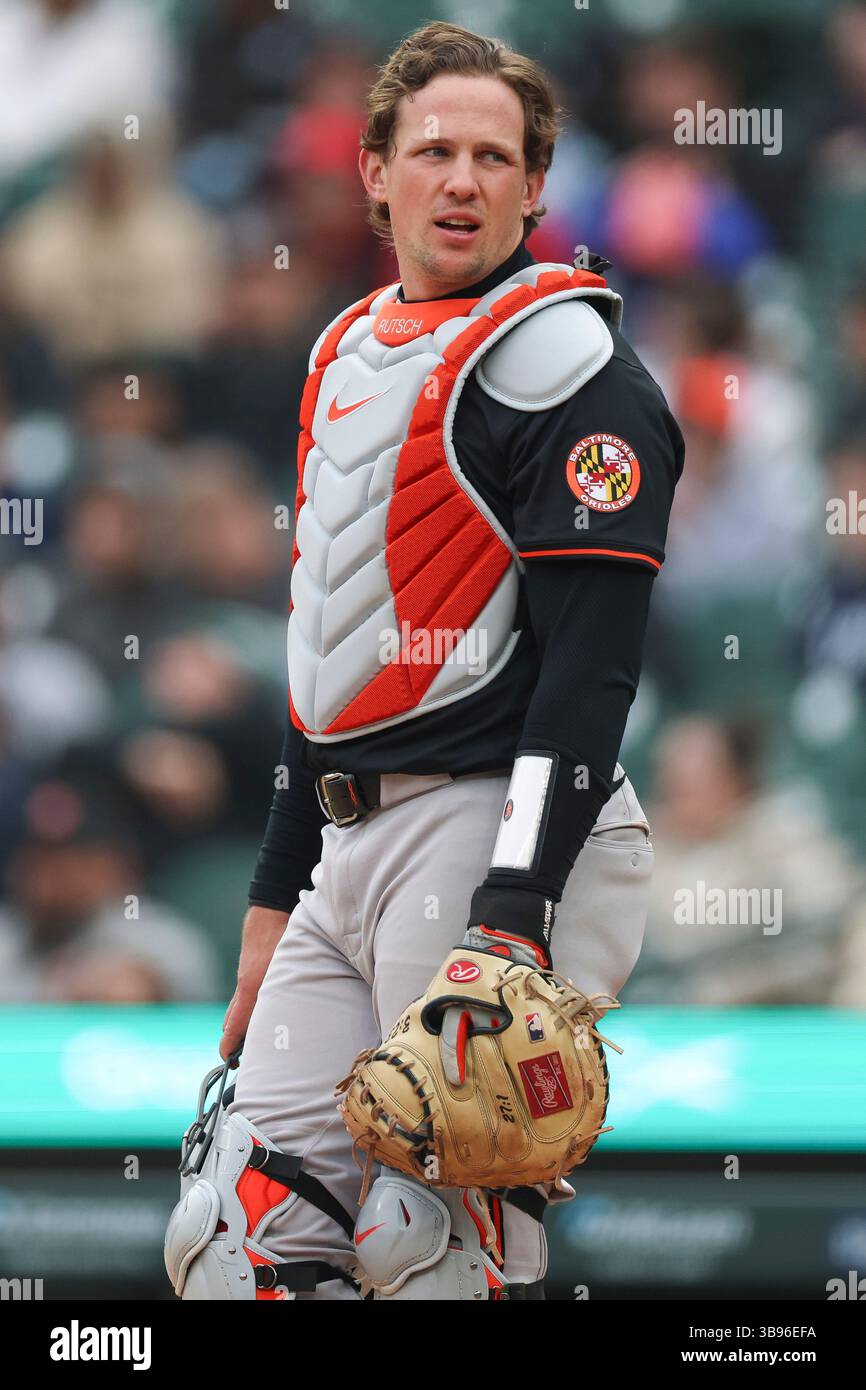 Adley Rutschman #35 of the Baltimore Orioles reacts during game two of ...