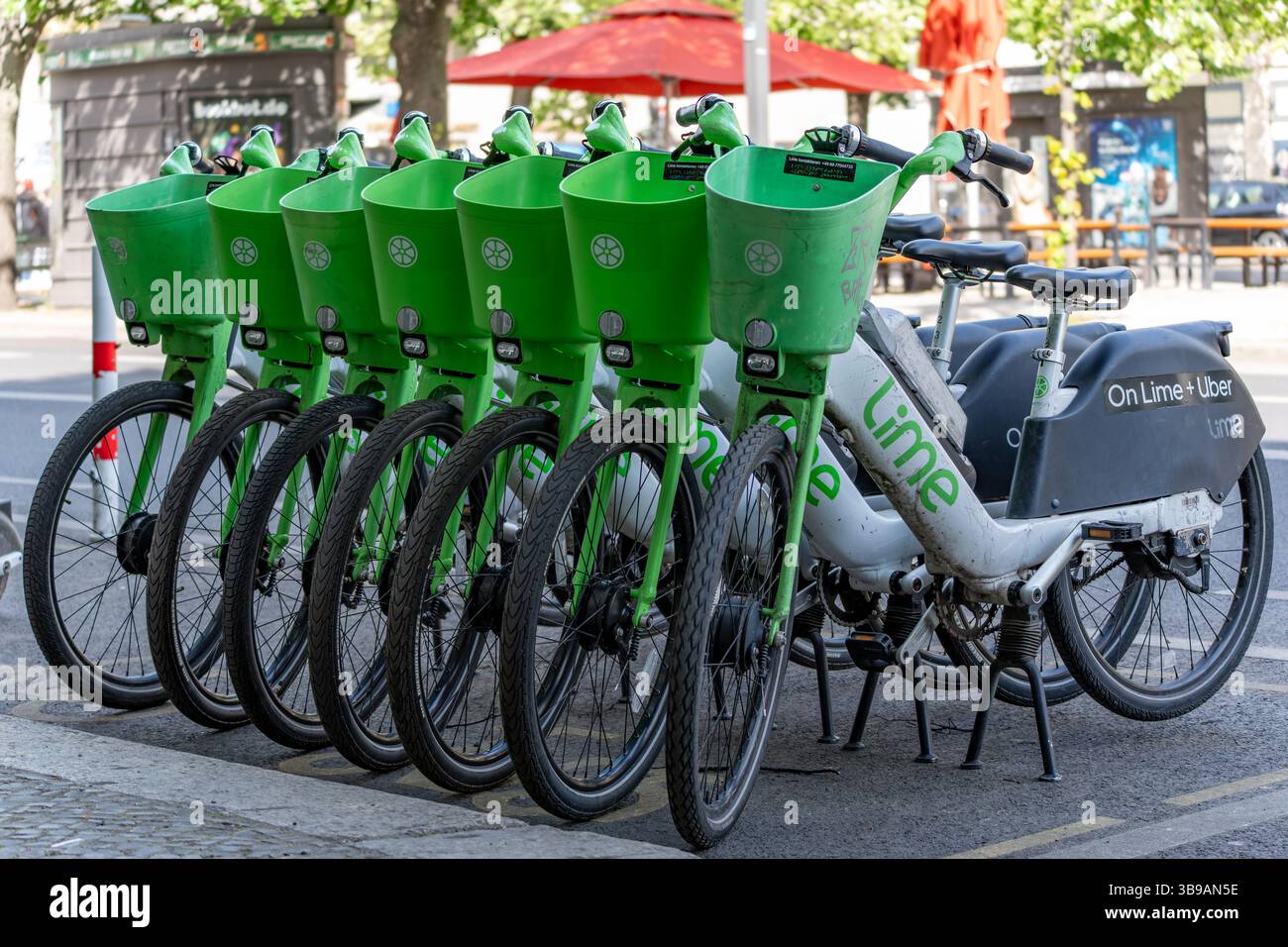 Germany Berlin May 7, 2025. Electric bikes lime are parked. Electric ...