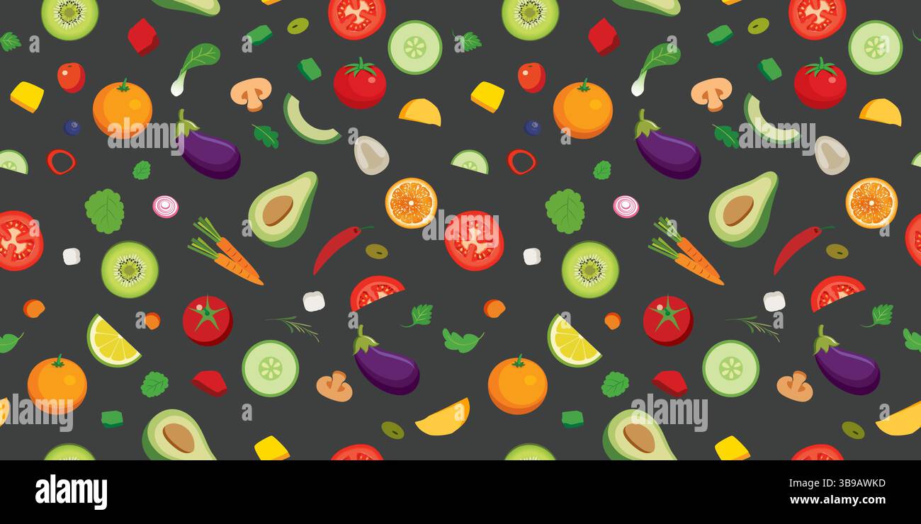Fruit salad and vegetables seamless pattern background. Stock Vector