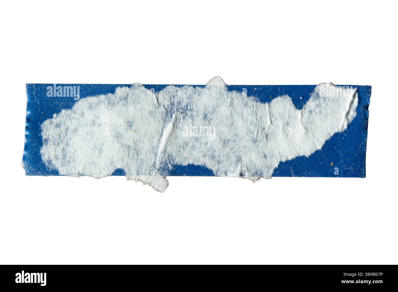 Stripped blue plastic tape with torn white paper on white background with clipping path Stock Photo