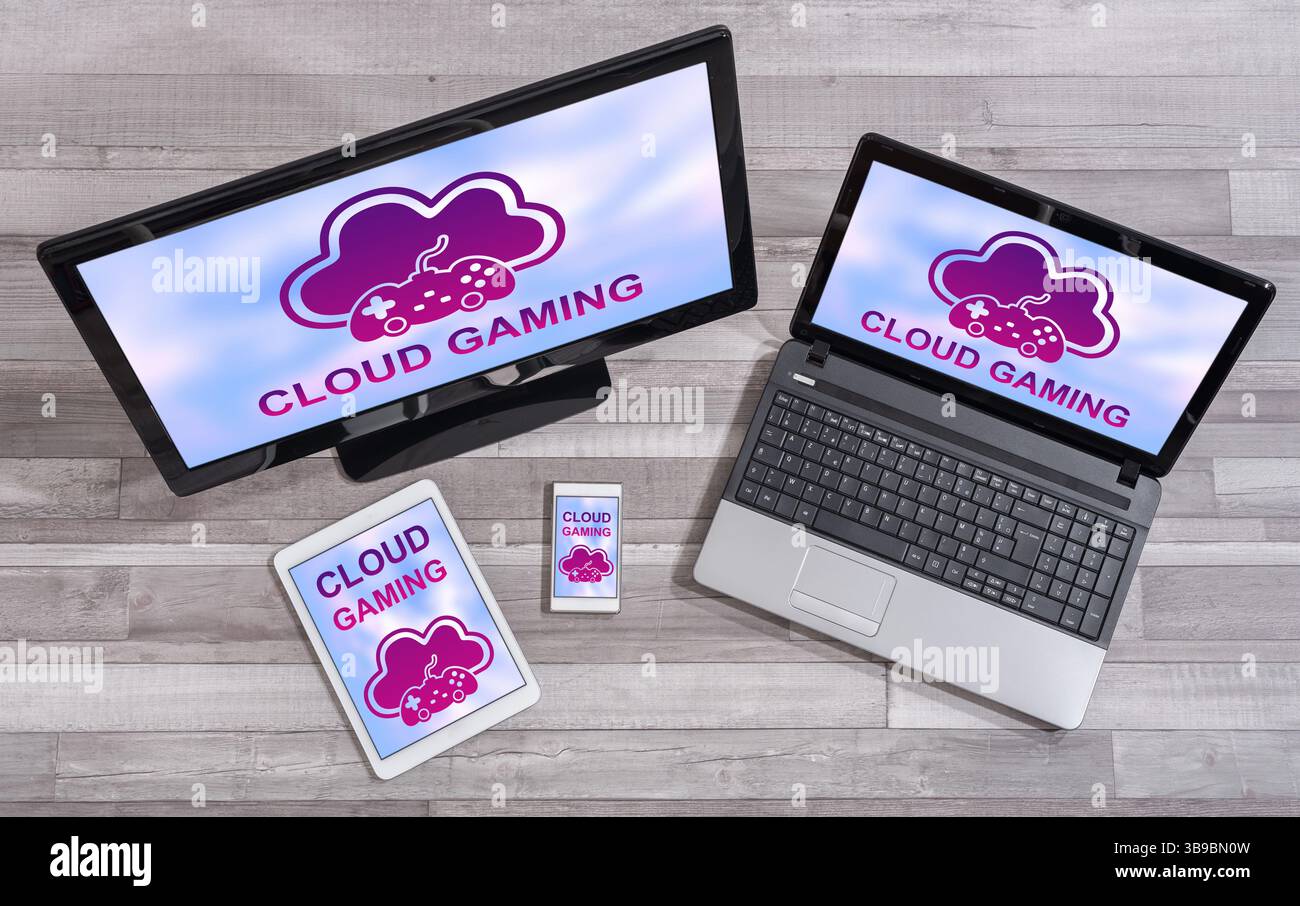 Cloud gaming concept shown on different information technology devices Stock Photo