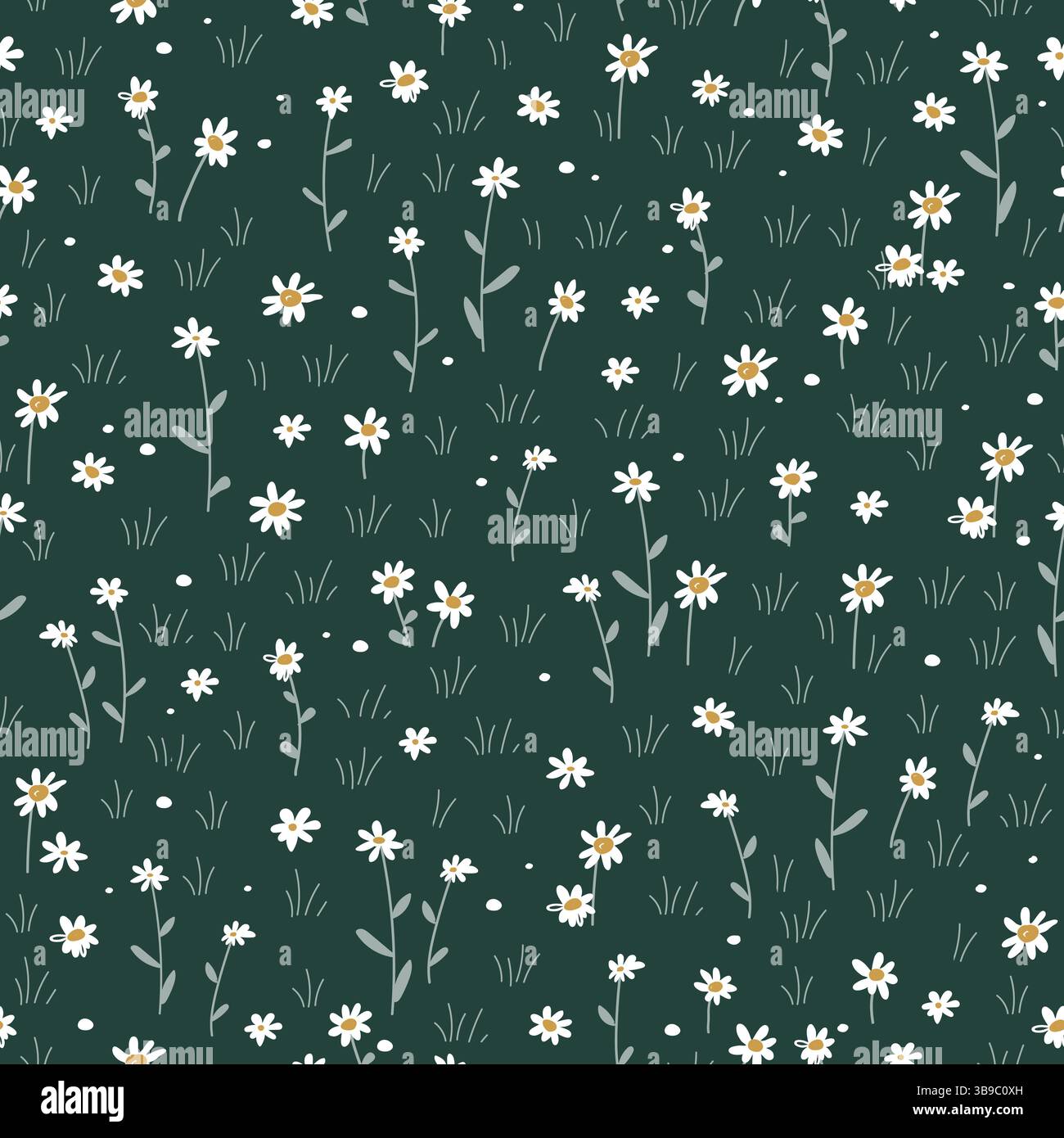 Meadow flowers seamless pattern. Grass with daisy or chamomile flowers. Summer fields background. Vector cartoon illustration Stock Vector