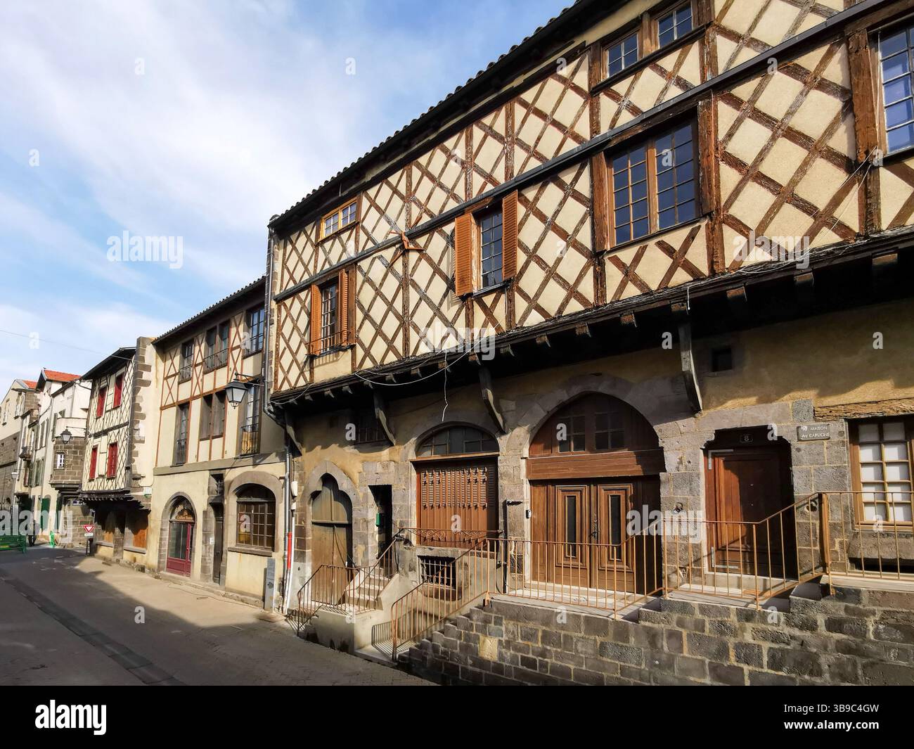 Charming half-timbered facade in the medieval quarter of Montferrand, Puy de Dome, Auvergne Rhone Alpes. France - Smartphone Captured Stock Image