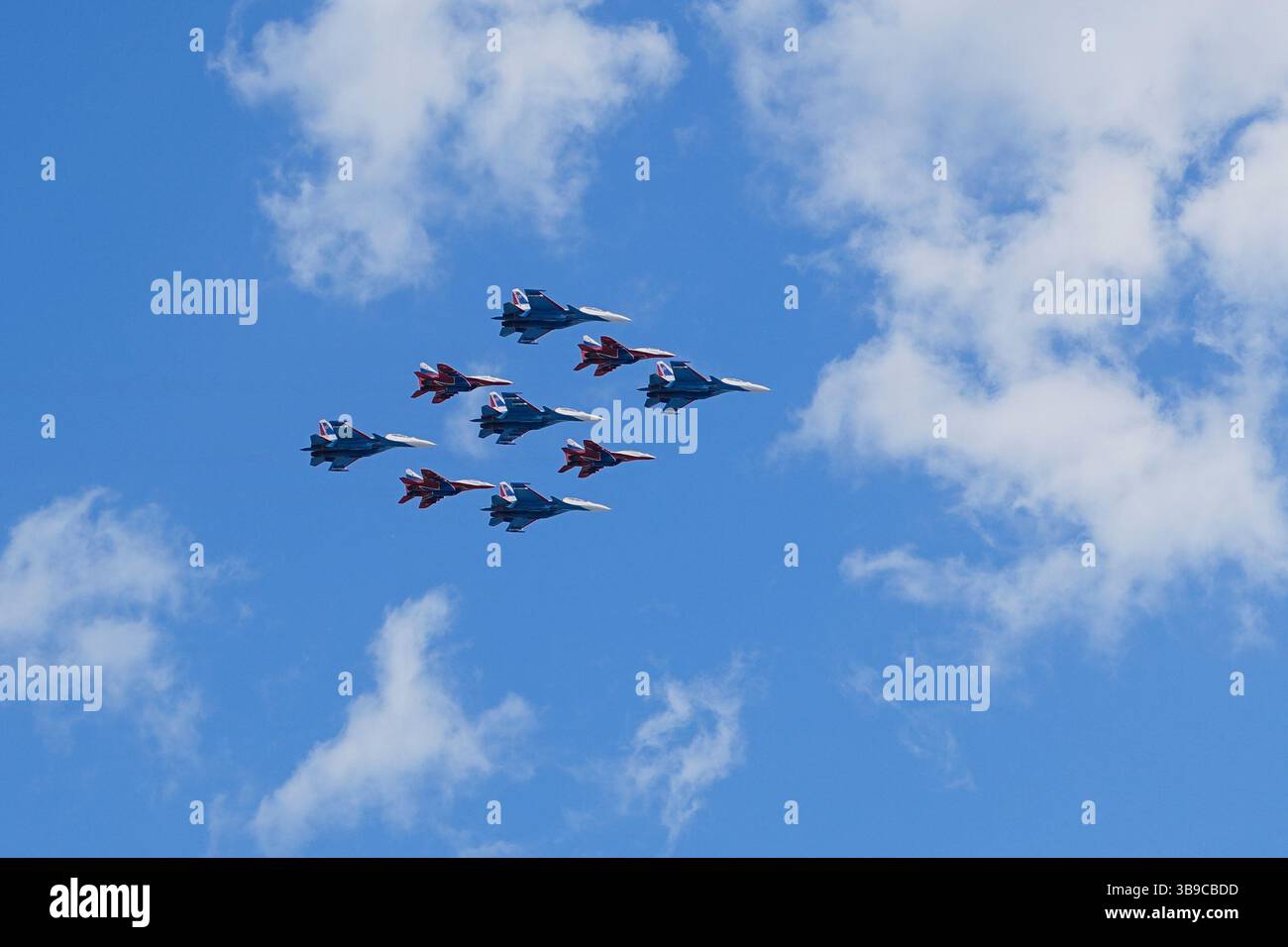 Russian Sukhoi Su-30SM jet fighters, centre, of The Russian Knights ...