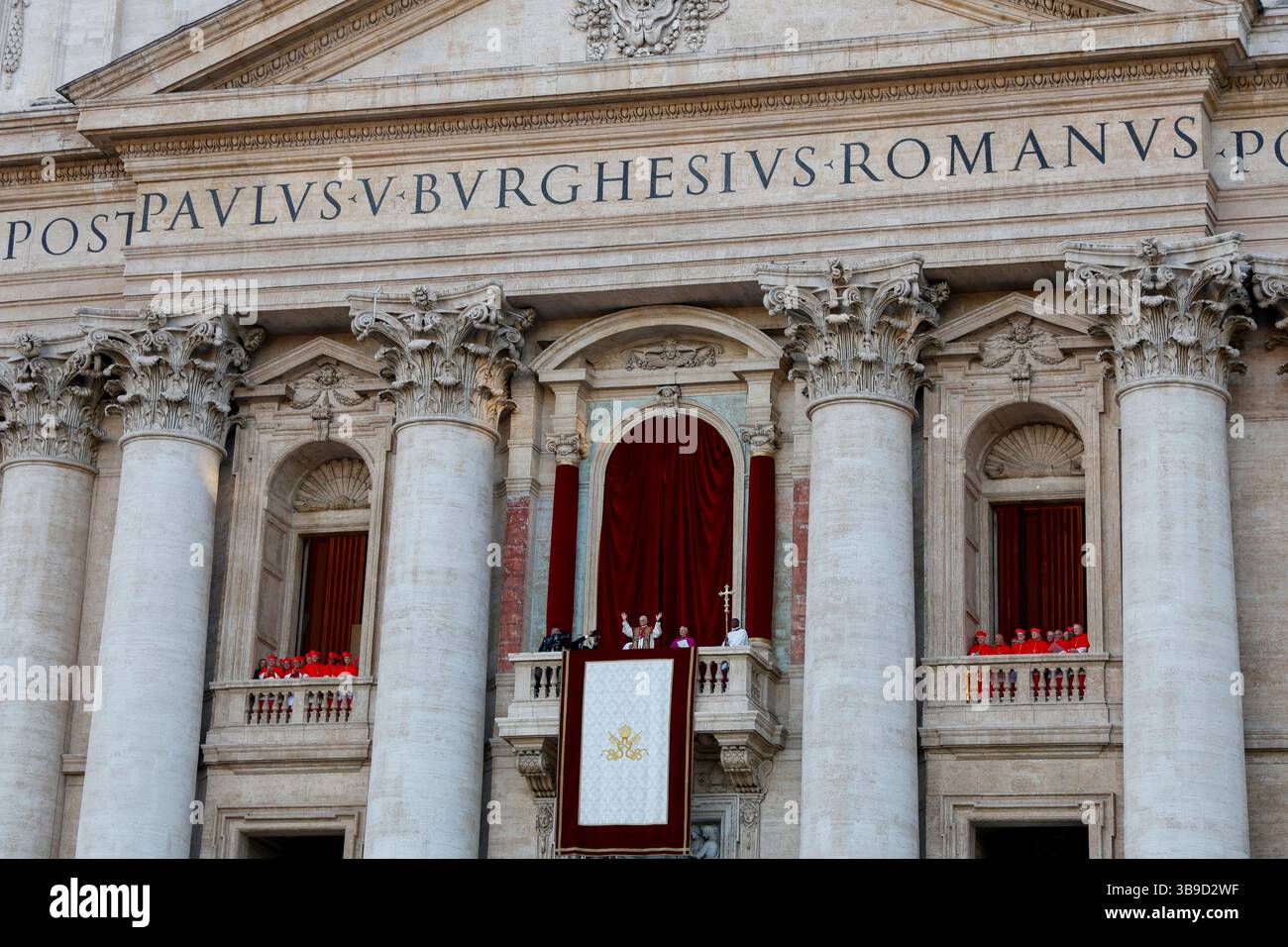 Thousands of faithful gathered in St. Peter’s Square as Cardinal Robert Prevost of the United States was introduced as Pope Leo XIV. Stock Photo