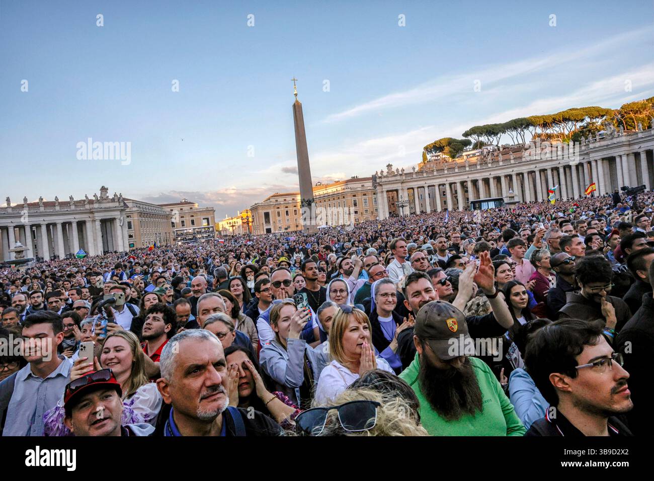 Thousands of faithful gathered in St. Peter’s Square as Cardinal Robert Prevost of the United States was introduced as Pope Leo XIV. Stock Photo