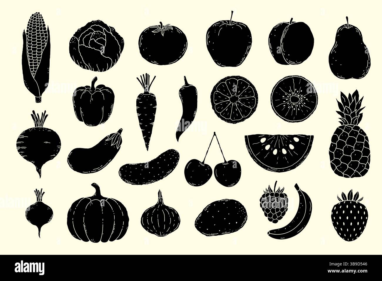 Set of various fruits and vegetables in doodle style. Stock Vector