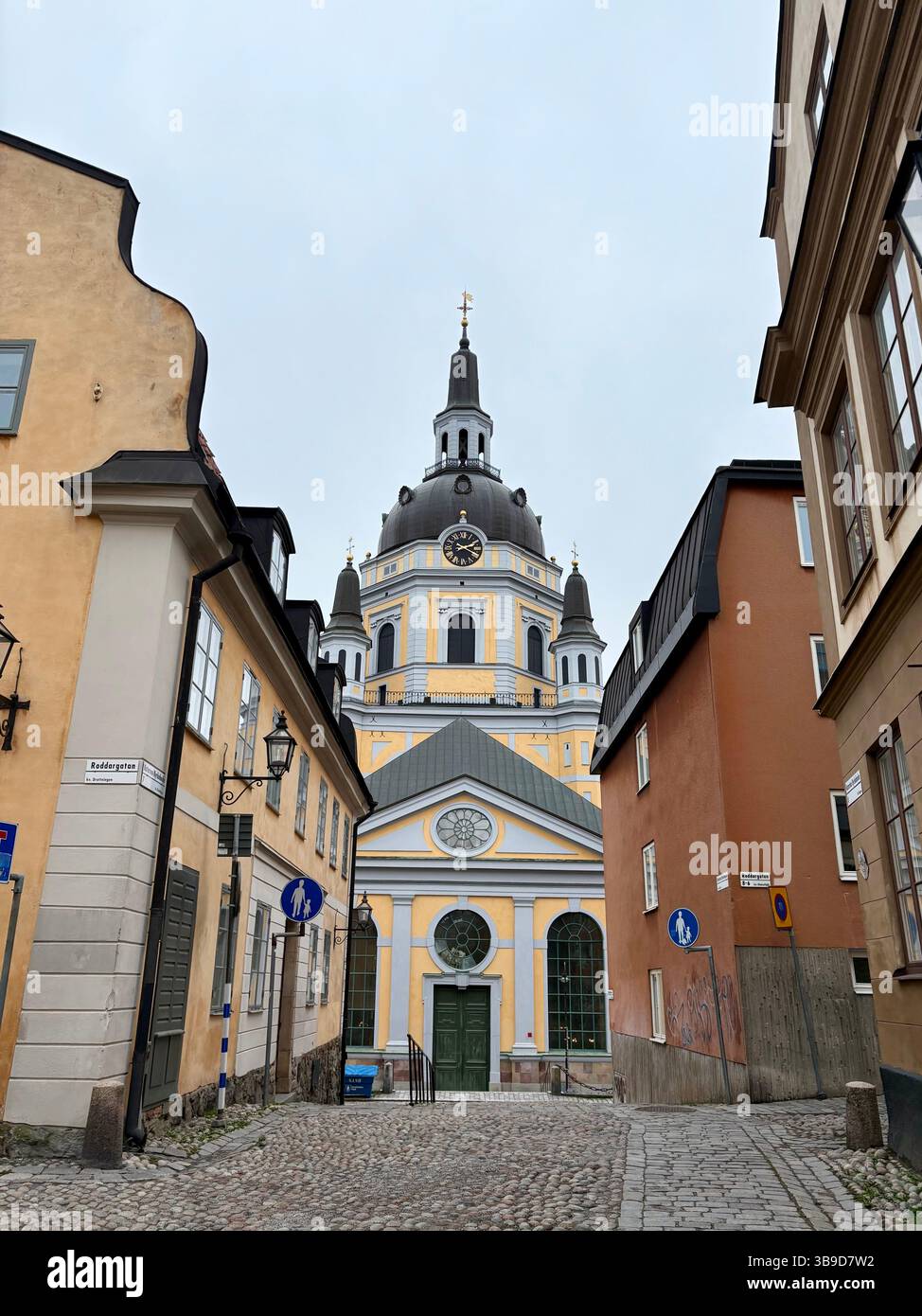 Katarina Church Framed by Old Town Streets in Stockholm, Sweden - Smartphone Captured Stock Image