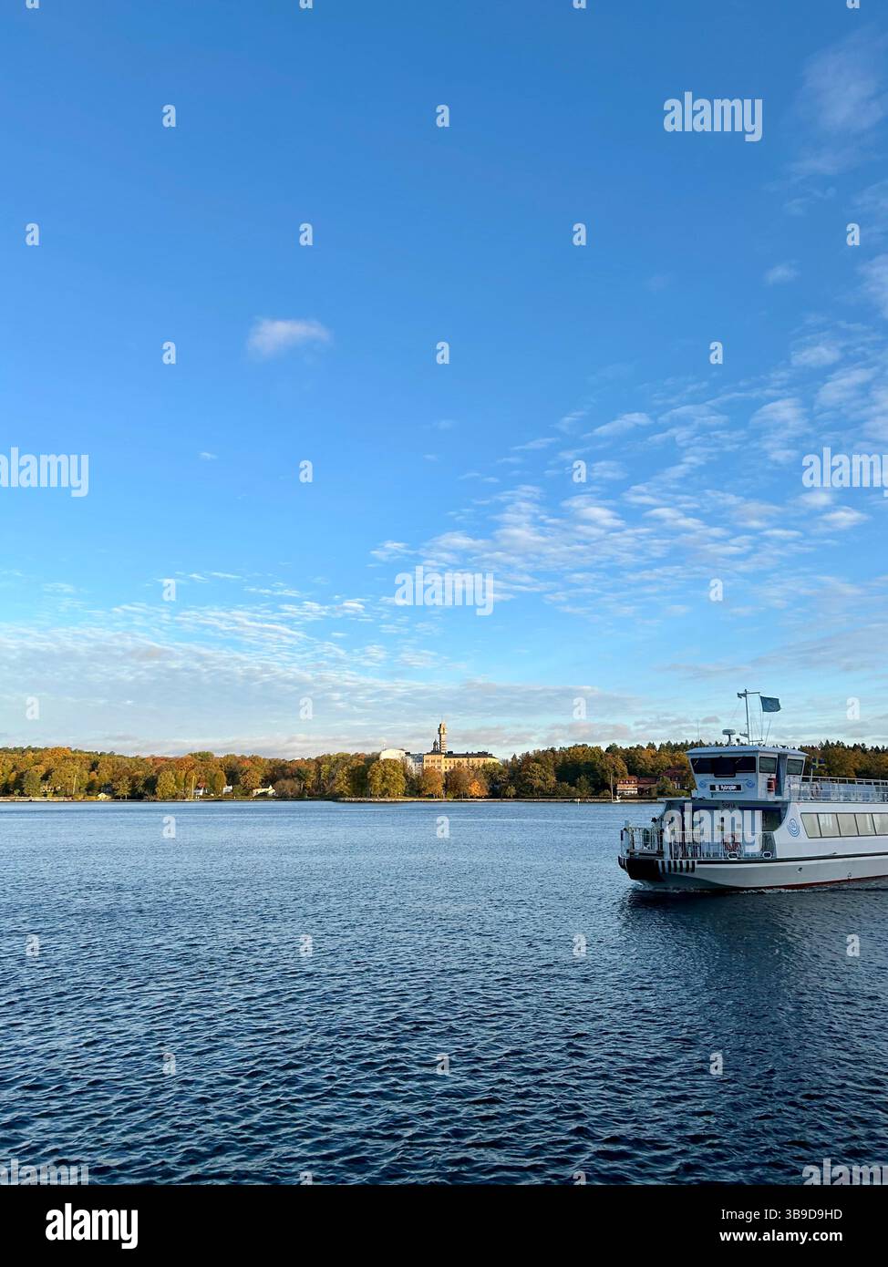 Passenger Ferry on Calm Water with Djurgården in the Background - Smartphone Captured Stock Image