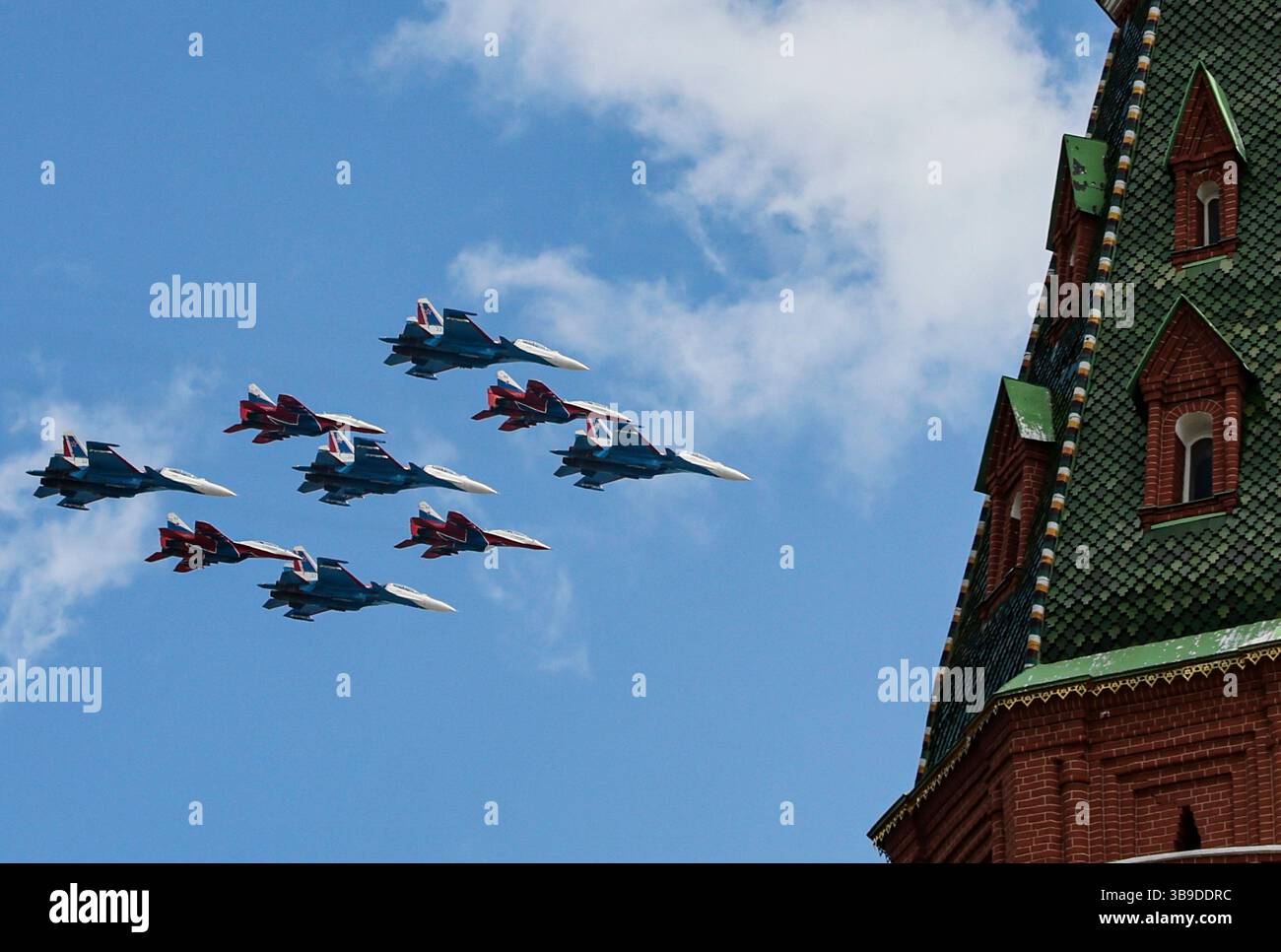 Russian Sukhoi Su-30SM jet fighters, centre, of The Russian Knights ...