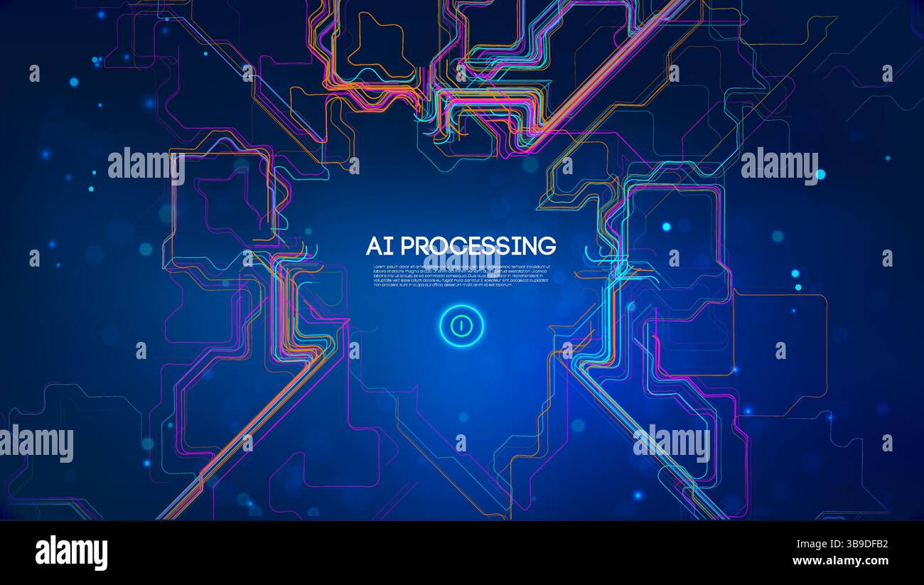 AI processing concept with futuristic neon circuit lines on dark blue background, digital network, data flow, cyber connectivity, and artificial Stock Vector