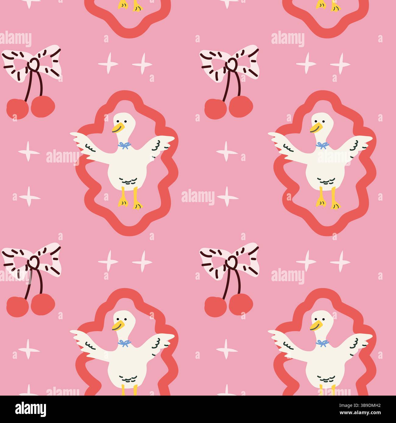Whimsical cottagecore pattern with ducks and cherries for creative projects. Stock Vector