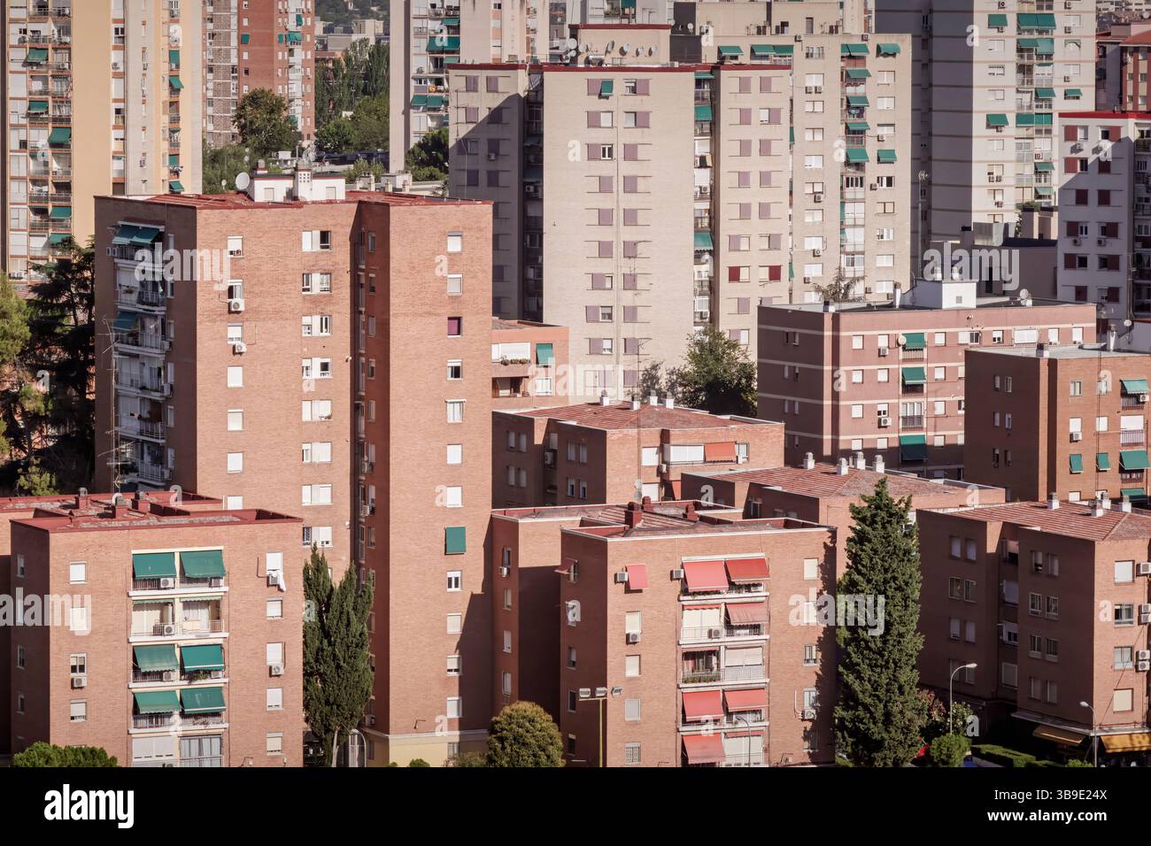 Madrid, Spain, July 14th, 2024: Urban Density and Architectural Patterns in Aluche Stock Photo