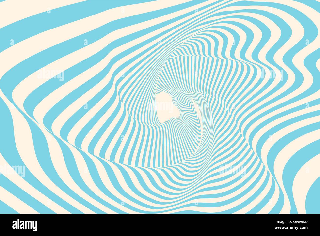 Abstract optical illusion background with blue and beige wavy lines creating a dynamic vortex effect. Psychedelic pattern with distorted curved stripe Stock Vector