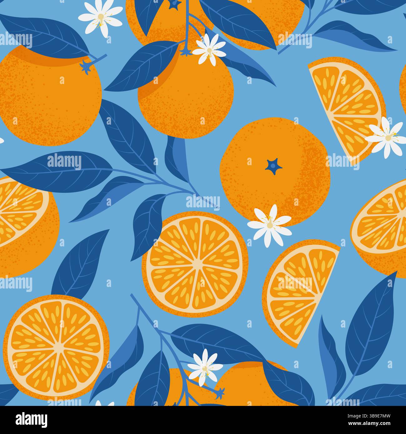 Oranges Seamless Pattern in Mediterranean style. Vector illustration in hand-drawn flat style Stock Vector