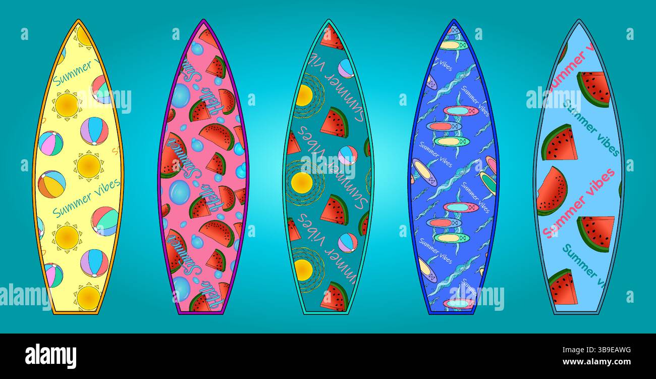 Summer vector surfboard set with tropical fruit watermelons, sun and ...