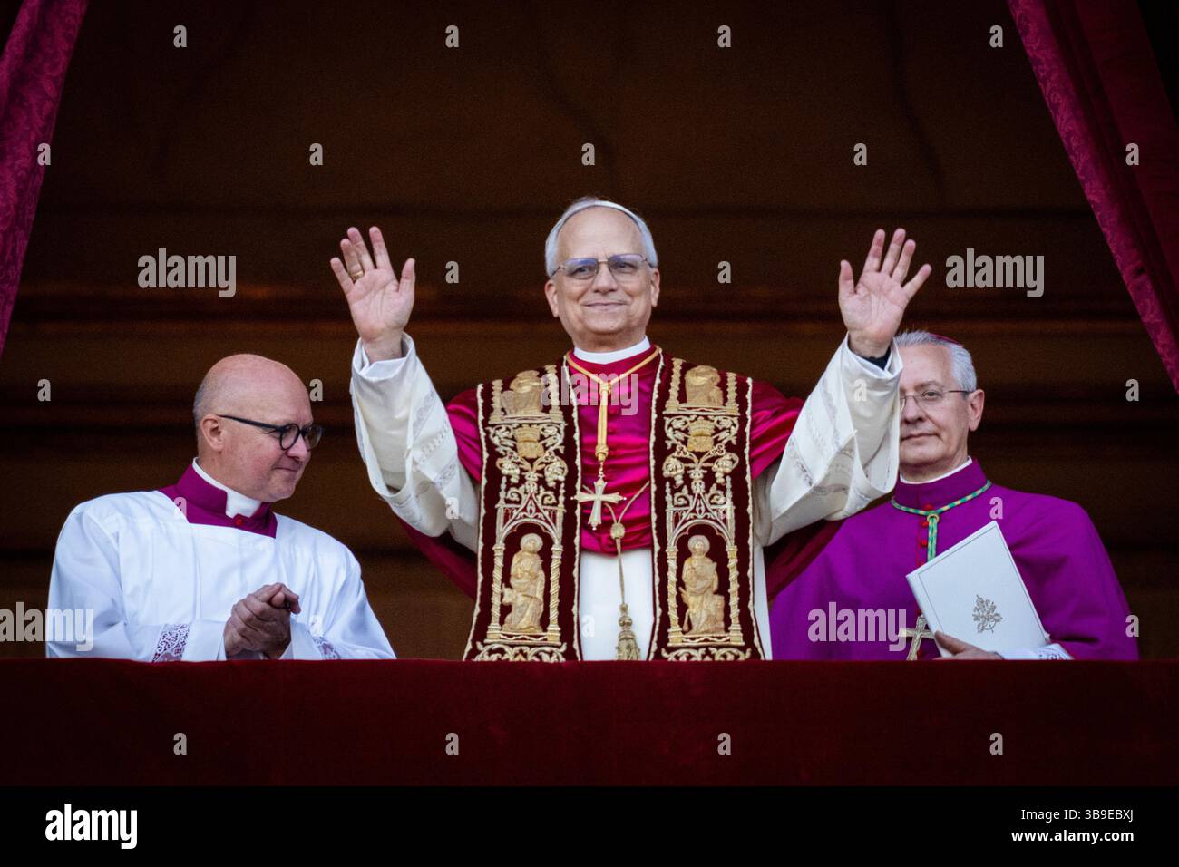 Newly elected Pope Leo XIV (Cardinal Robert Francis Prevost) appears on the balcony of St. Peter's Basilica in Vatican City, Vatican, on 07 May 2025. Stock Photo
