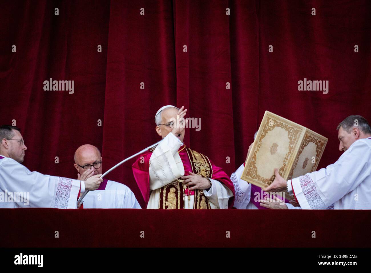 Newly elected Pope Leo XIV (Cardinal Robert Francis Prevost) appears on the balcony of St. Peter's Basilica in Vatican City, Vatican, on 07 May 2025. Stock Photo